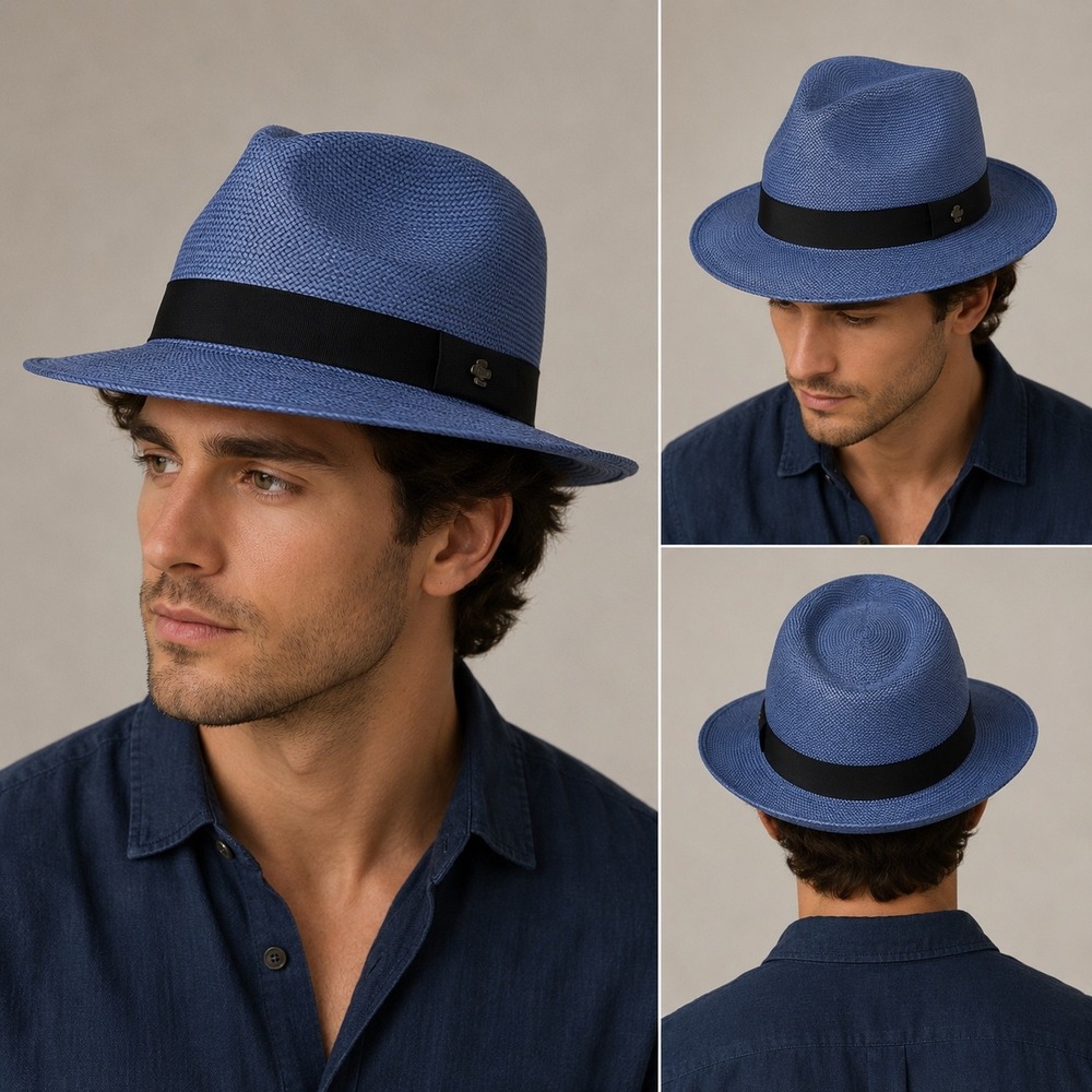 Ecua-Andino Men Hat Blue Genuine Panama Hat Handmade Straw Fedora Ecuador Sample
